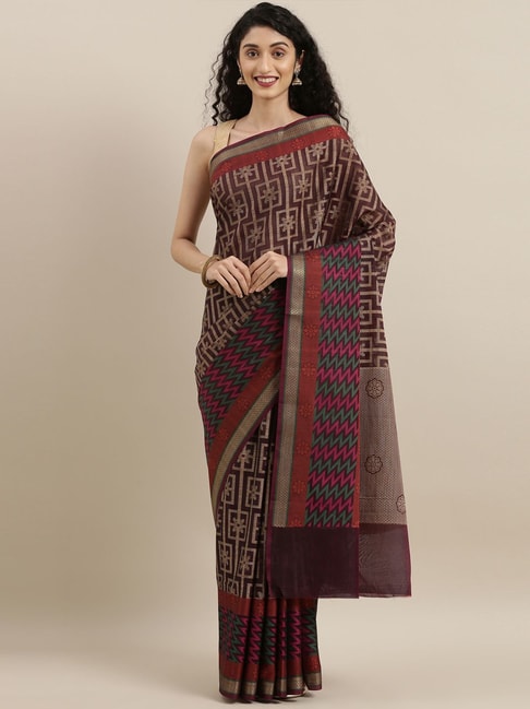 The Chennai Silks Maroon & Brown Geometric Print Saree With Unstitched Blouse Price in India