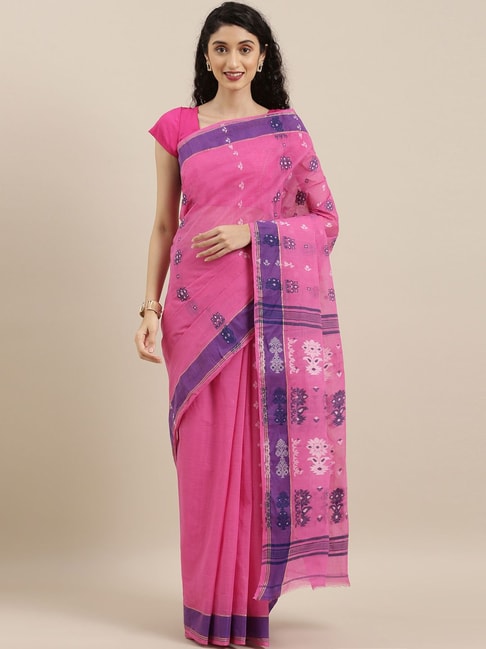 The Chennai Silks Pink & Blue Cotton Floral Print Saree Price in India