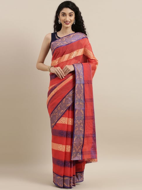 The Chennai Silks Orange & Blue Cotton Striped Saree Price in India