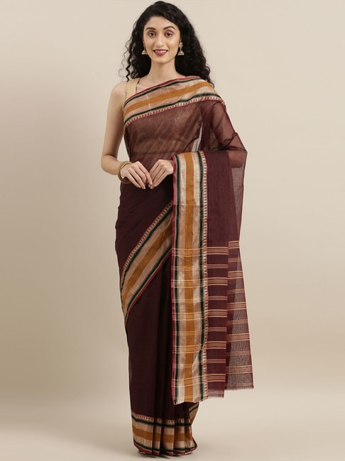 The Chennai Silks Maroon & Gold Cotton Striped Saree Price in India