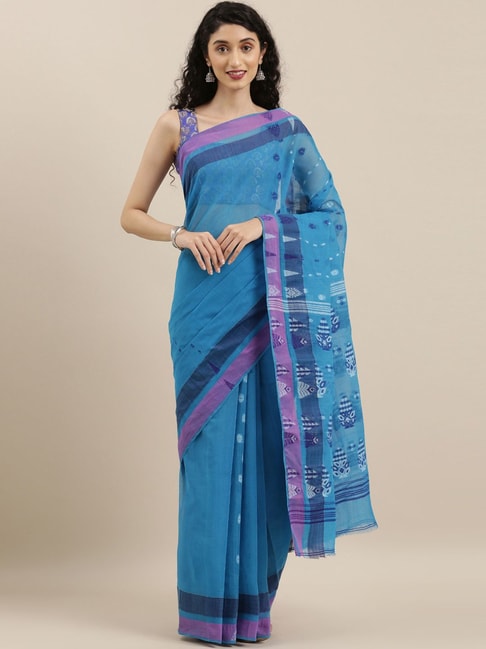 The Chennai Silks Blue & Purple Cotton Floral Print Saree Price in India