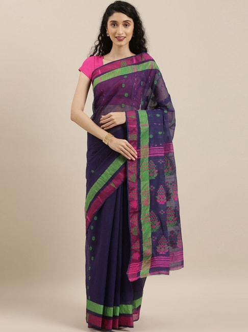 The Chennai Silks Navy & Pink Cotton Floral Print Saree Price in India
