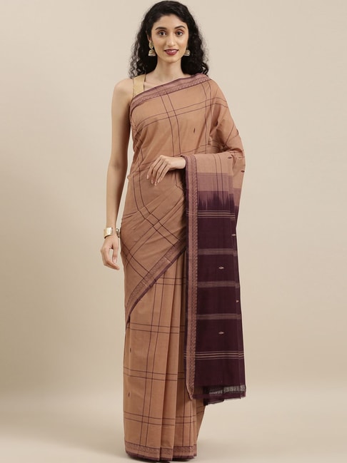 The Chennai Silks Brown Cotton Chequered Saree Price in India
