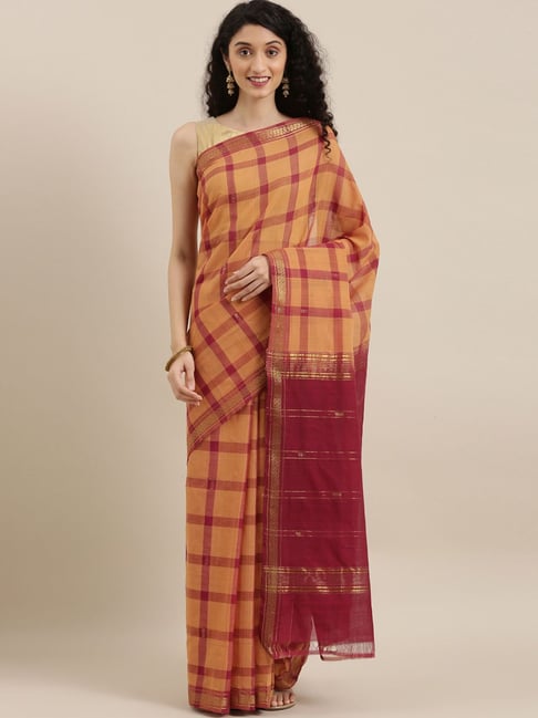 The Chennai Silks Peach & Red Cotton Chequered Saree Price in India