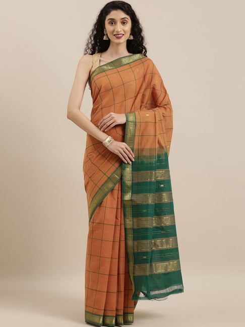 The Chennai Silks Brown & Green Cotton Chequered Saree Price in India