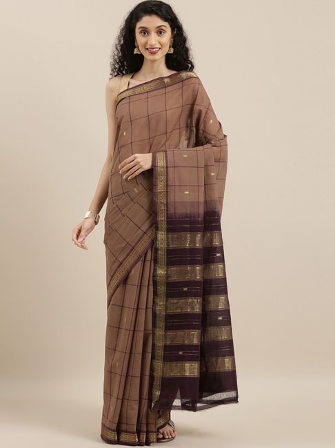 The Chennai Silks Brown & Gold Cotton Chequered Saree Price in India