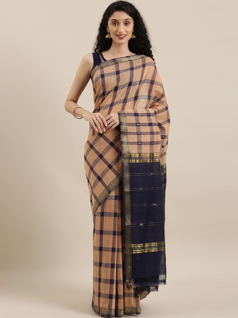 The Chennai Silks Brown & Blue Cotton Chequered Saree Price in India