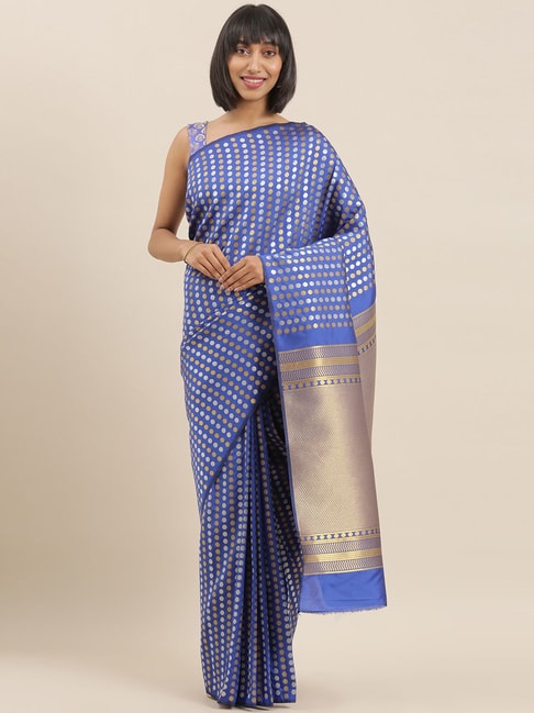 The Chennai Silks Navy Blue & Gold Polka Dots Saree With Unstitched Blouse Price in India