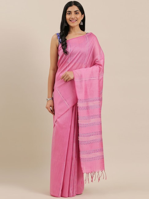 The Chennai Silks Pink & Blue Striped Saree With Unstitched Blouse Price in India