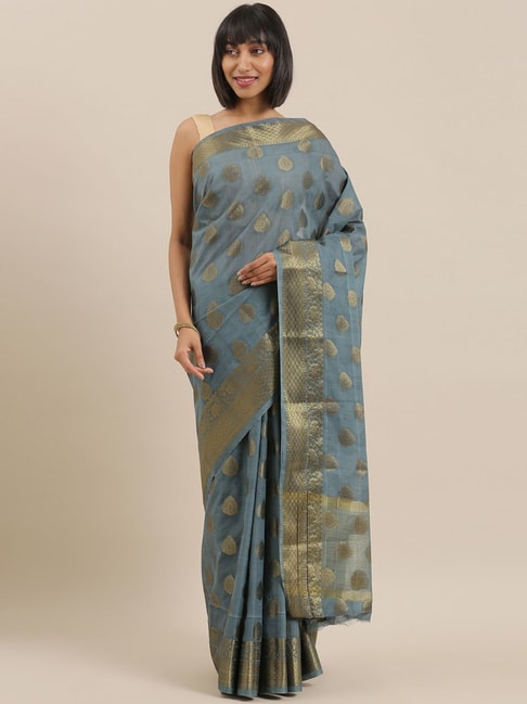 The Chennai Silks Grey & Gold Floral Print Saree With Unstitched Blouse Price in India