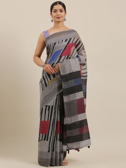 The Chennai Silks Grey & Black Linen Geometric Print Saree With Unstitched Blouse Price in India