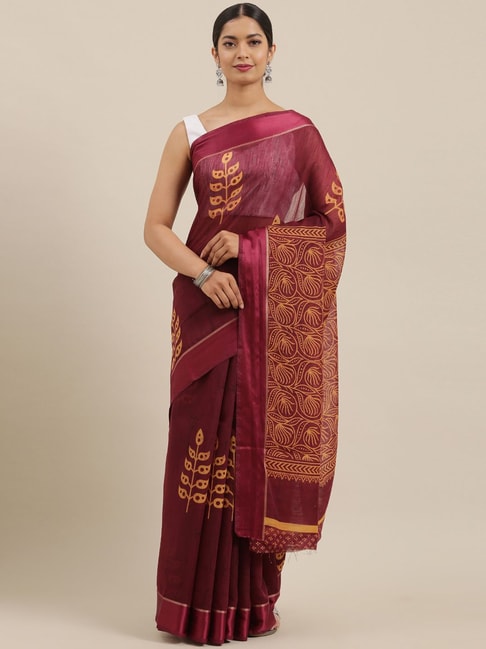 The Chennai Silks Maroon & Yellow Cotton Floral Print Saree With Unstitched Blouse Price in India