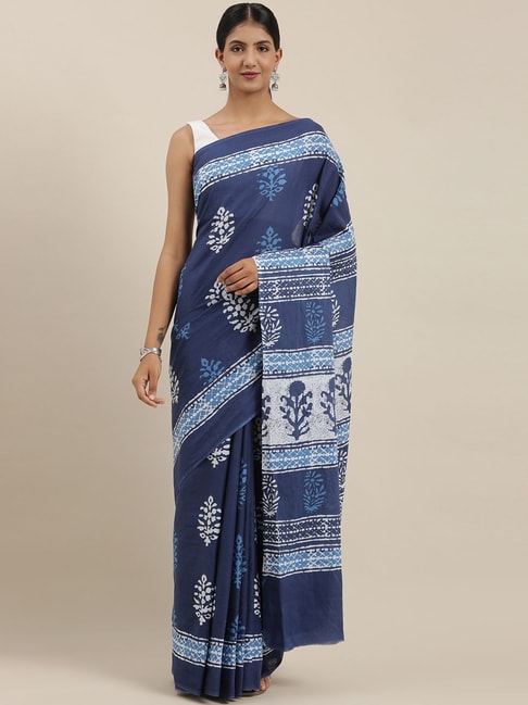 The Chennai Silks Navy Blue & White Cotton Printed Saree With Unstitched Blouse Price in India