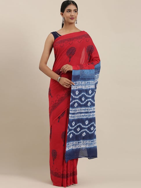 The Chennai Silks Red & Blue Cotton Printed Saree With Unstitched Blouse Price in India