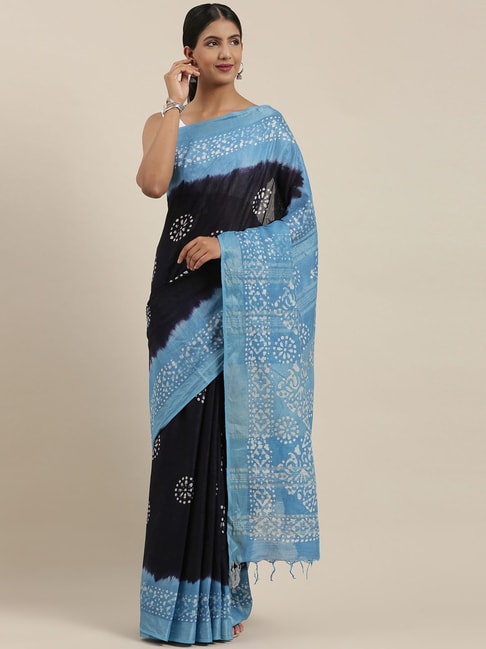 The Chennai Silks Black & Blue Cotton Printed Saree With Unstitched Blouse Price in India