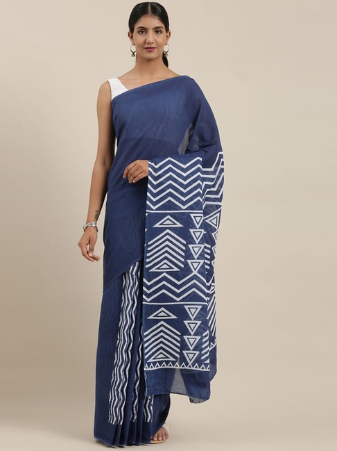 The Chennai Silks Navy Blue & White Cotton Saree With Unstitched Blouse Price in India