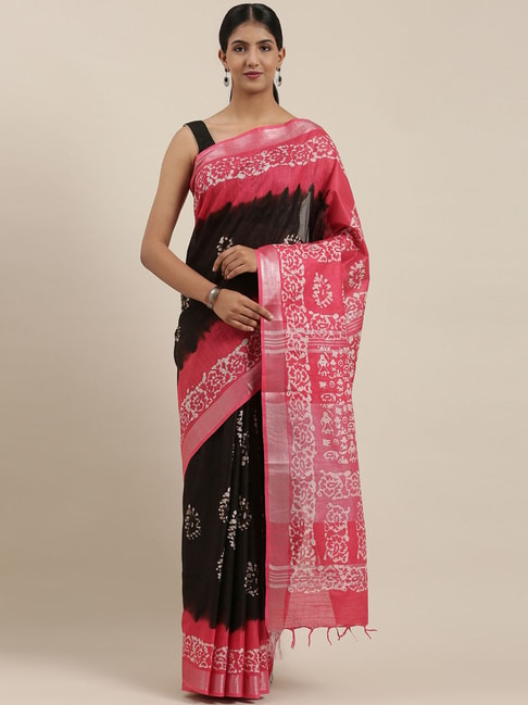 The Chennai Silks Black & Red Cotton Printed Saree With Unstitched Blouse Price in India