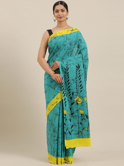 The Chennai Silks Green & Teal Cotton Floral Print Saree With Unstitched Blouse Price in India