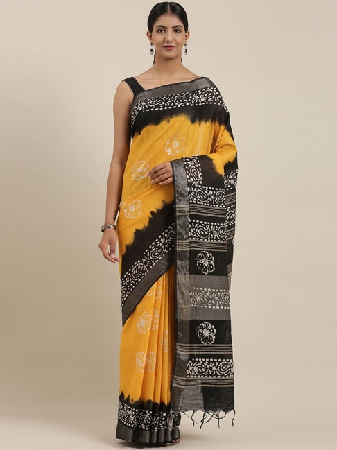 The Chennai Silks Yellow & Black Cotton Printed Saree With Unstitched Blouse Price in India