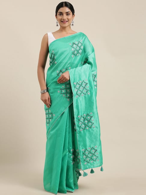 The Chennai Silks Green & Grey Cotton Embroidered Saree With Unstitched Blouse Price in India