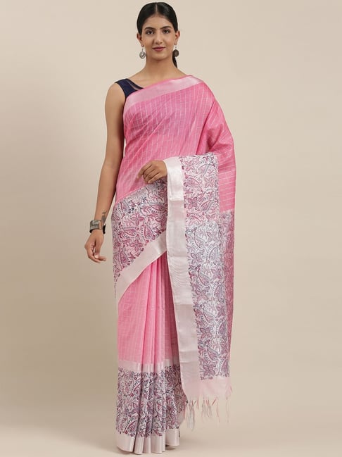 The Chennai Silks Pink & White Cotton Chequered Saree With Unstitched Blouse Price in India