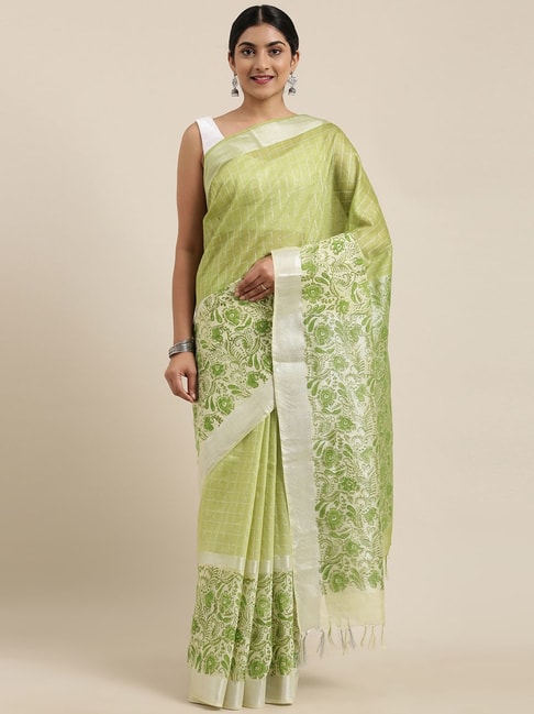 The Chennai Silks Green & Silver Cotton Chequered Saree With Unstitched Blouse Price in India