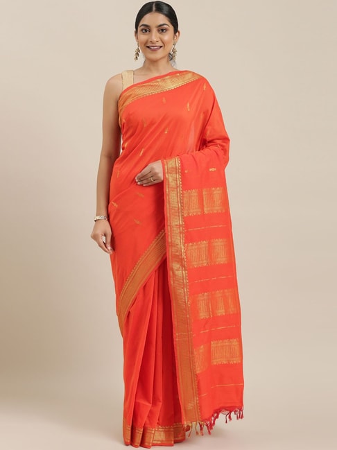The Chennai Silks Orange & Gold Saree With Unstitched Blouse Price in India