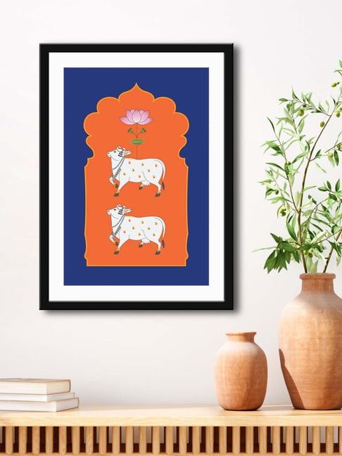 999Store Navy Blue & Orange MDF Cow and Flower Printed Paper Wall Painting - Set of 1-picture-20