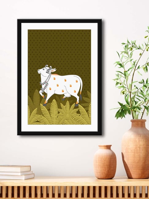 999Store Olive Green & White MDF Nandi Cow Stylish Modern Art Printed Paper Wall Painting - Set of 1-picture-32