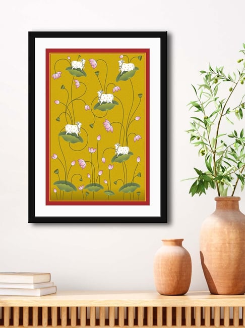 999Store Mustard Yellow & Pink MDF Cow and Flower Printed Paper Wall Painting - Set of 1-picture-48