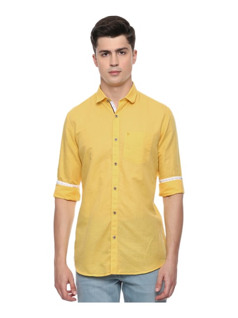 Buy Van Heusen Yellow Cotton Linen Slim 