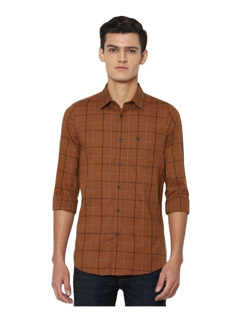 Allen Solly Brown Cotton Slim Fit Checks Shirt