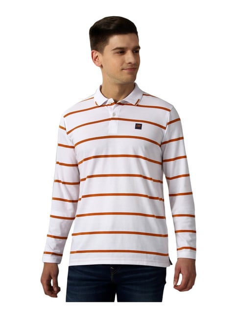 Peter England White Regular Fit Striped Polo T-Shirt