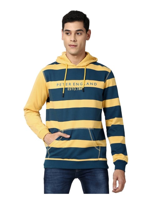 Peter England Yellow & Blue Regular Fit Striped Hooded T-Shirt