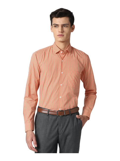 Peter England Orange Regular Fit Checks Shirt