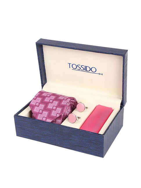 Tossido Pink Woven Necktie With Pocket Square and Cufflinks
