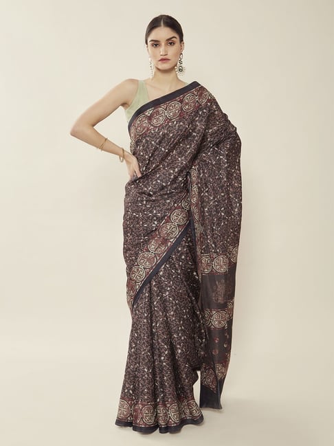 Soch Brown Printed Saree With Unstitched Blouse Price in India