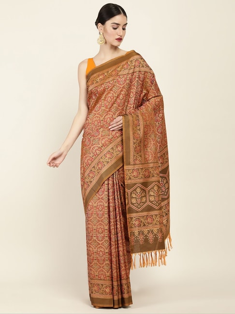 Soch Orange Printed Saree With Unstitched Blouse Price in India