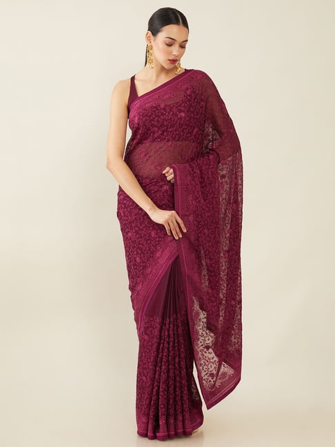 Soch Maroon Embroidered Saree With Unstitched Blouse