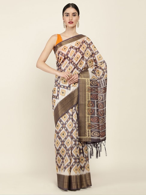 Soch Yellow & Brown Printed Saree With Unstitched Blouse Price in India