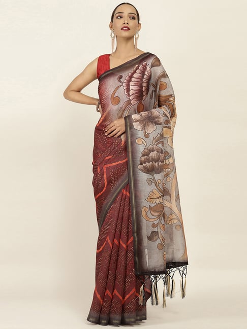 Soch Maroon Printed Saree With Unstitched Blouse Price in India