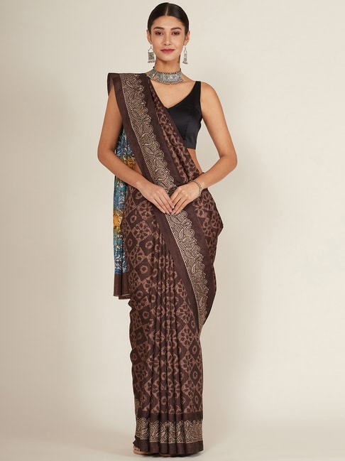 Soch Brown Printed Saree With Unstitched Blouse Price in India