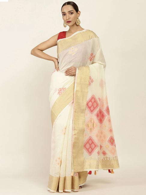 Soch Cream Woven Saree With Unstitched Blouse Price in India