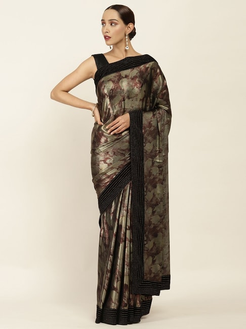 Soch Green & Black Printed Saree With Unstitched Blouse Price in India