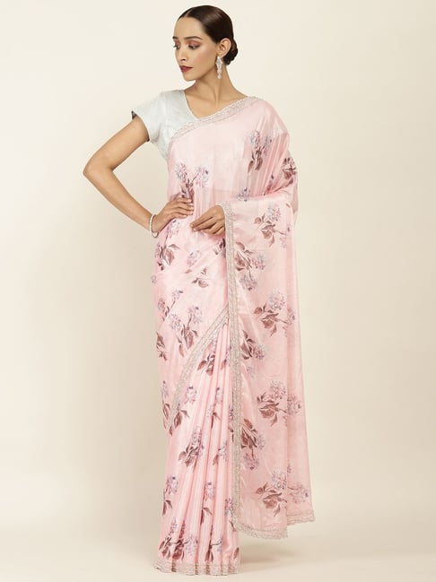 Soch Pink Printed Saree With Unstitched Blouse Price in India