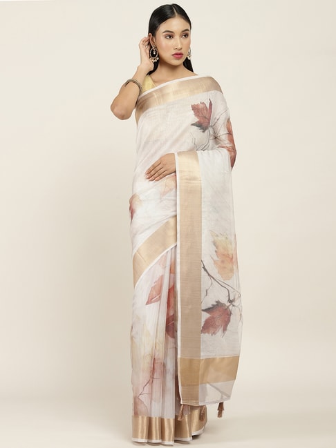 Soch Beige Printed Saree With Unstitched Blouse Price in India