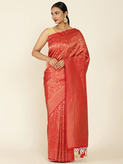 Soch Red Woven Saree With Unstitched Blouse Price in India