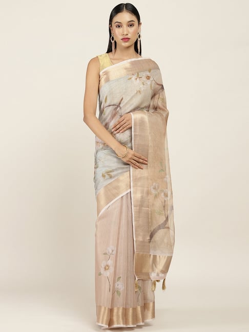 Soch Beige & Grey Printed Saree With Unstitched Blouse Price in India