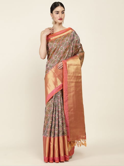 Soch Brown & Pink Printed Saree With Unstitched Blouse Price in India