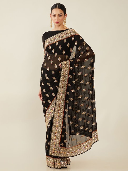 Soch Black Embroidered Saree With Unstitched Blouse Price in India